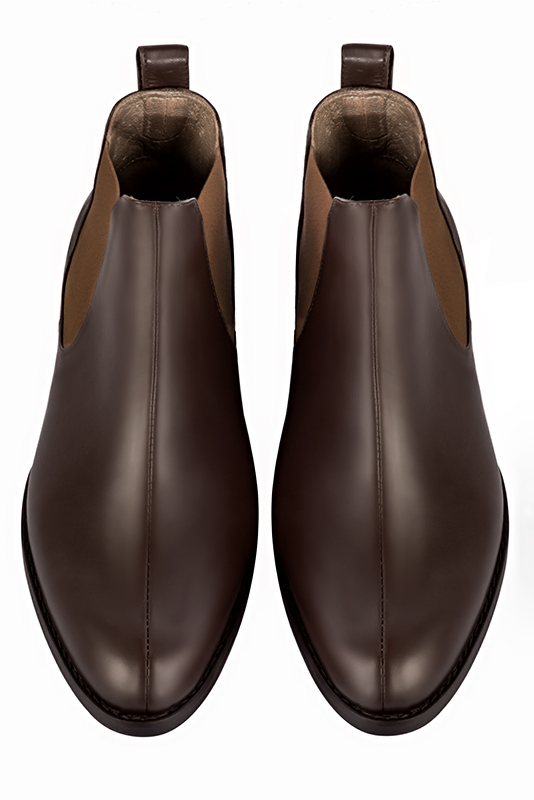Dark brown dress ankle boots for men. Round toe. Flat leather soles. Top view - Florence KOOIJMAN